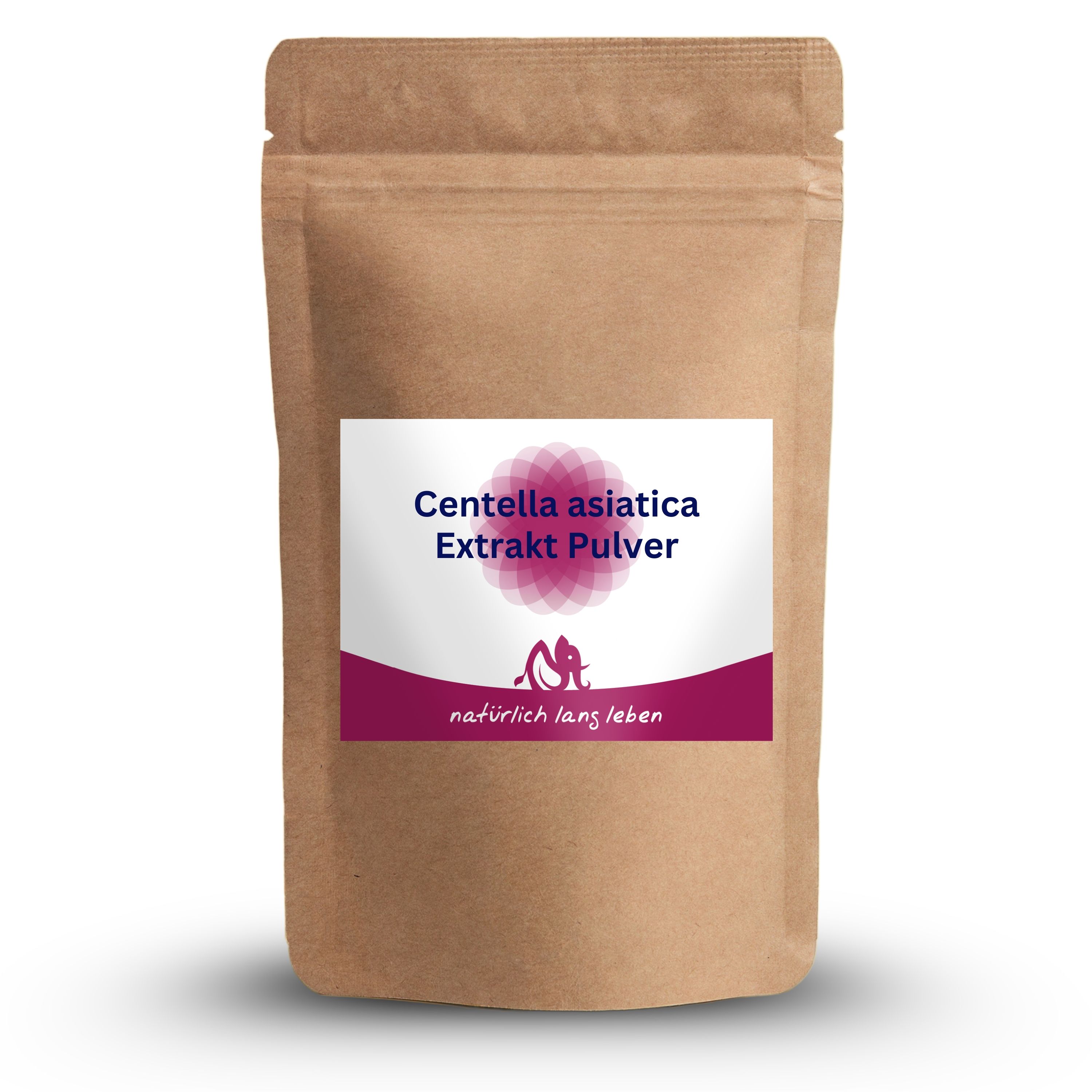 Braune Tüte mit Etikett. Aufschrift: Centella asiatica Extrakt Pulver. Logo: natürlich lang leben.