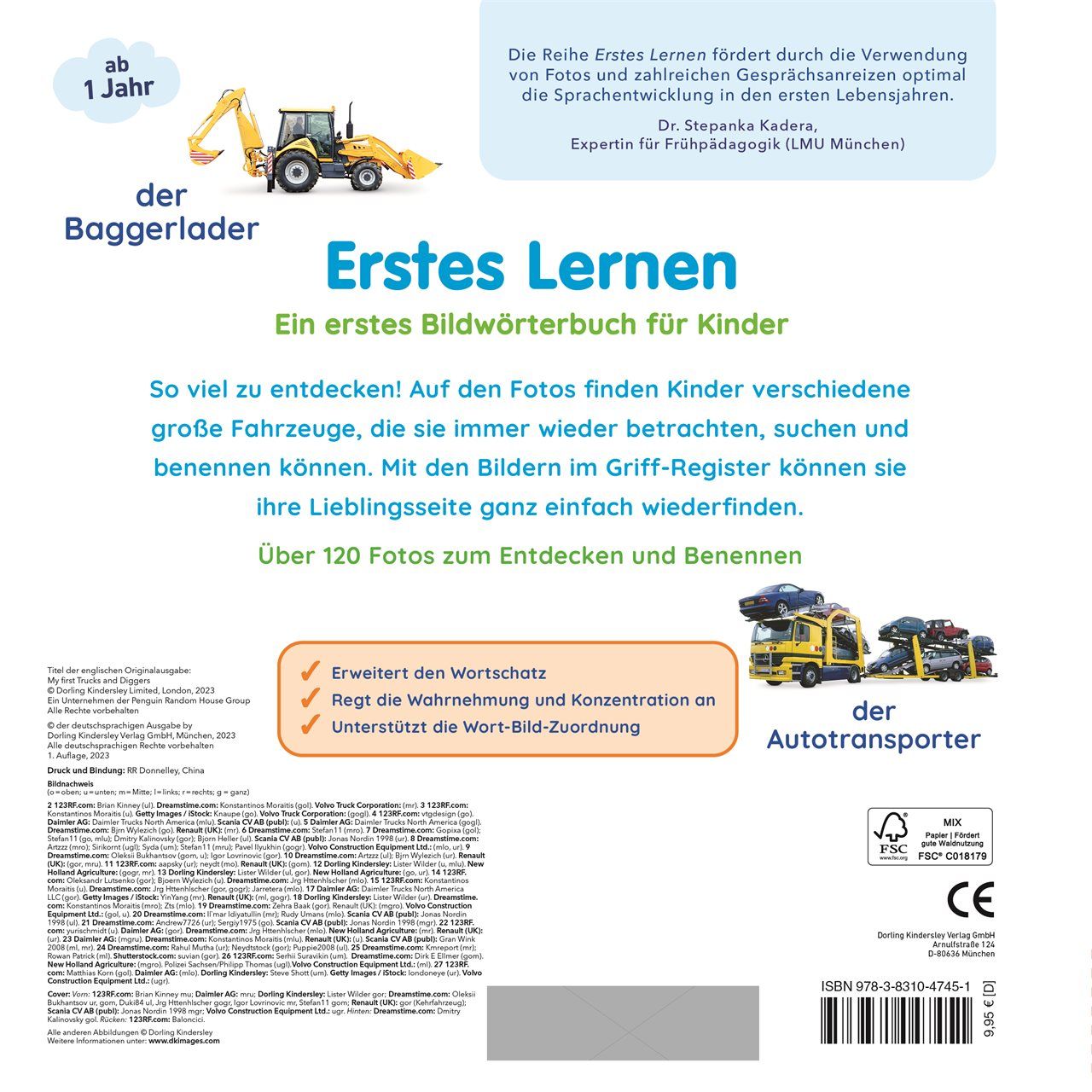 Rückseite des Buches "Erstes Lernen". Titel, Text, Illustrationen von Fahrzeugen. FSC-Siegel, CE-Kennzeichnung.