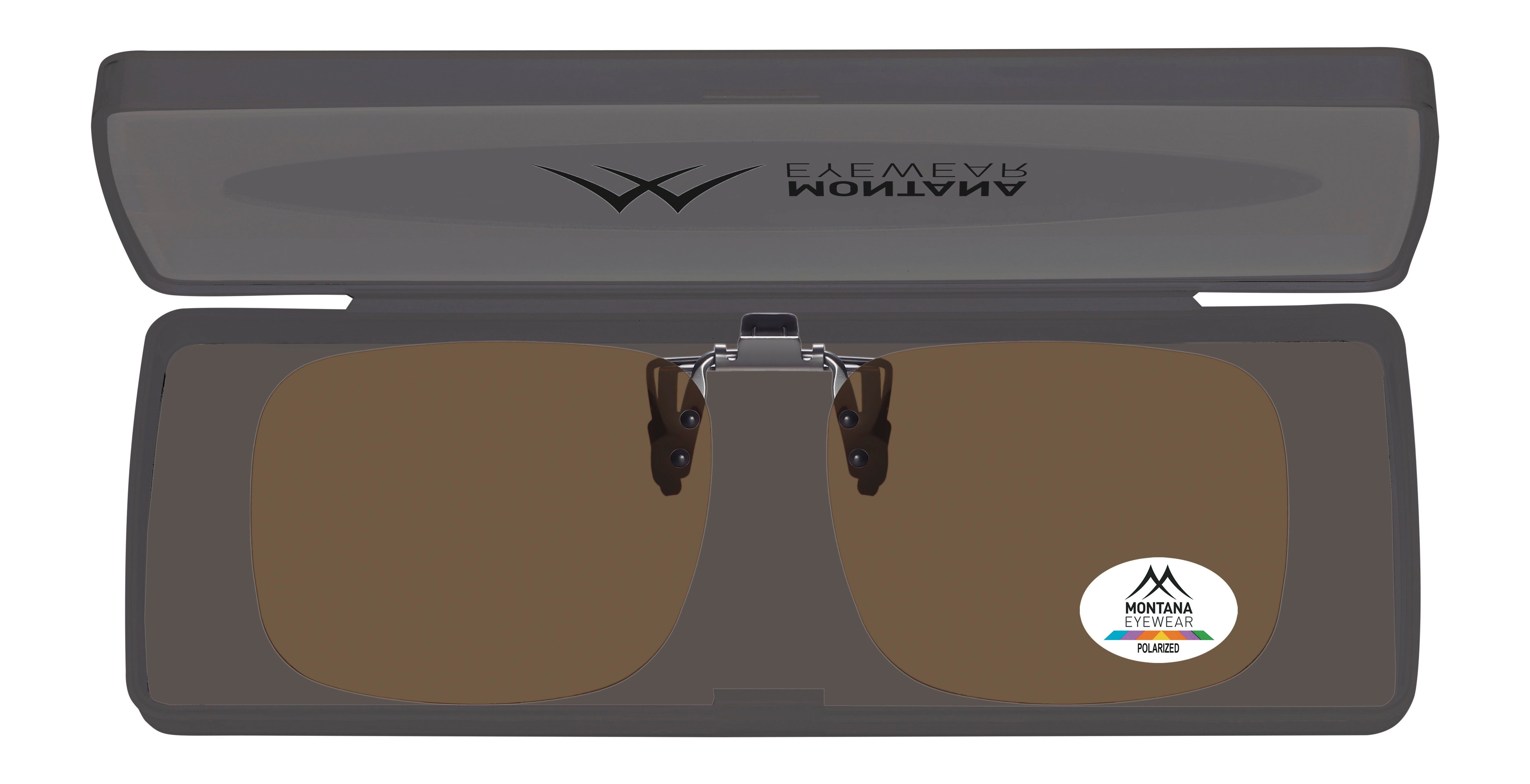 Montana Eyewear Tofino Clip-on-Sonnenbrille in Etui. Braune Gläser, silberfarbener Clip. Logo.
