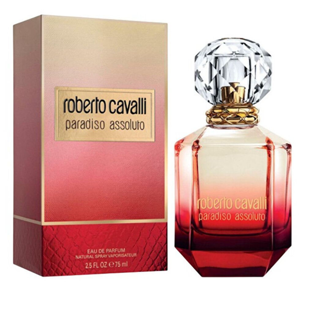 Roberto Cavalli Paradiso Assoluto Eau de Parfum Flakon und Verpackung.
