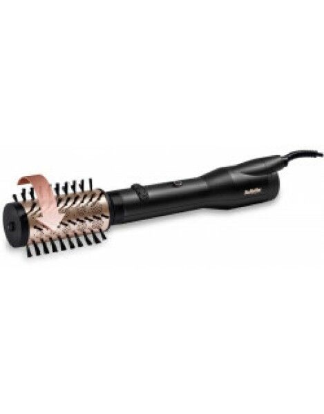 Schwarzes Haarstyling-Gerät mit rotierenden Bürsten. Goldfarbene Bürstenborsten. BaByliss-Logo. Kabelanschluss.