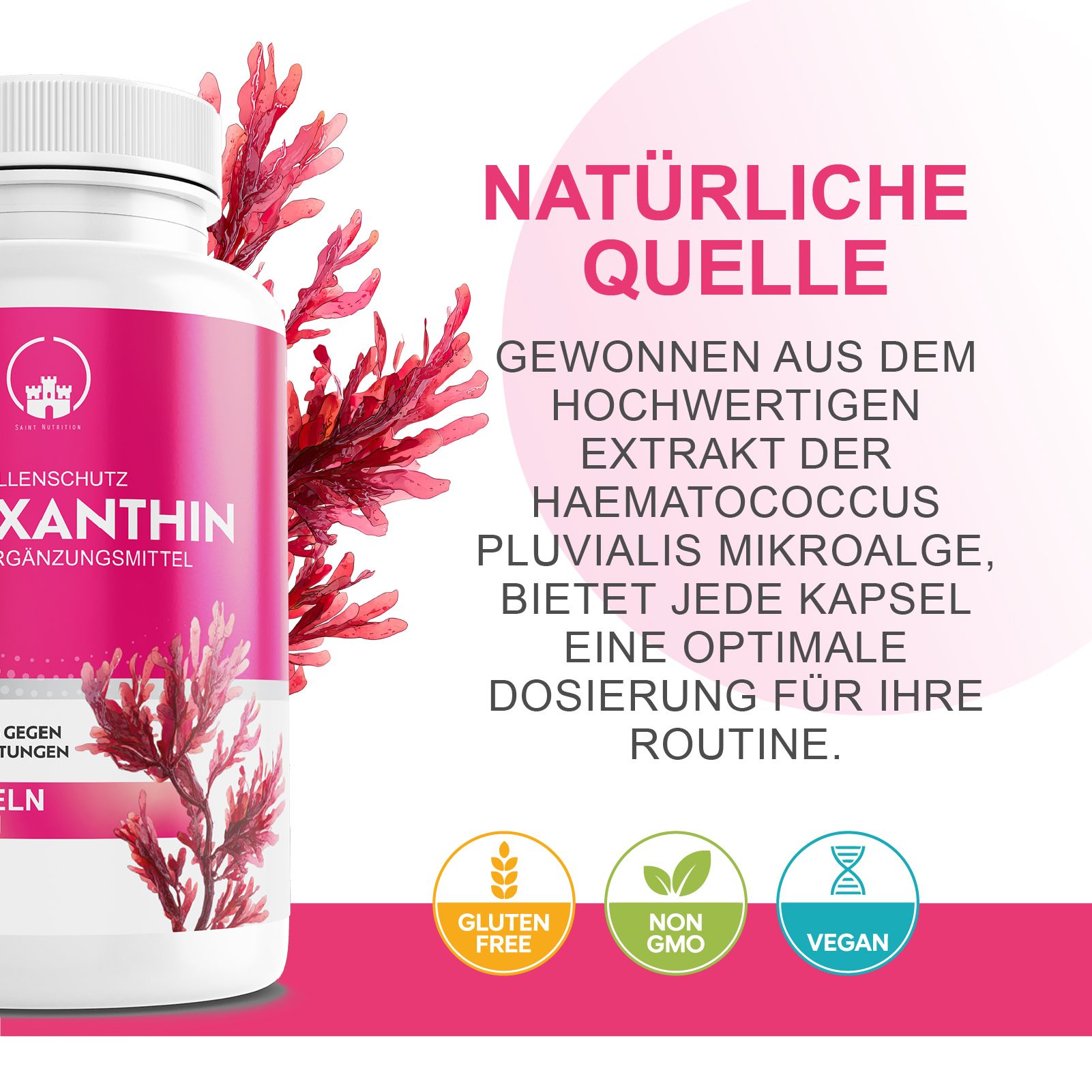 Astaxanthin Kapseln Flasche mit Hinweis auf natürliche Quelle und Siegel (Vegan, Glutenfrei).