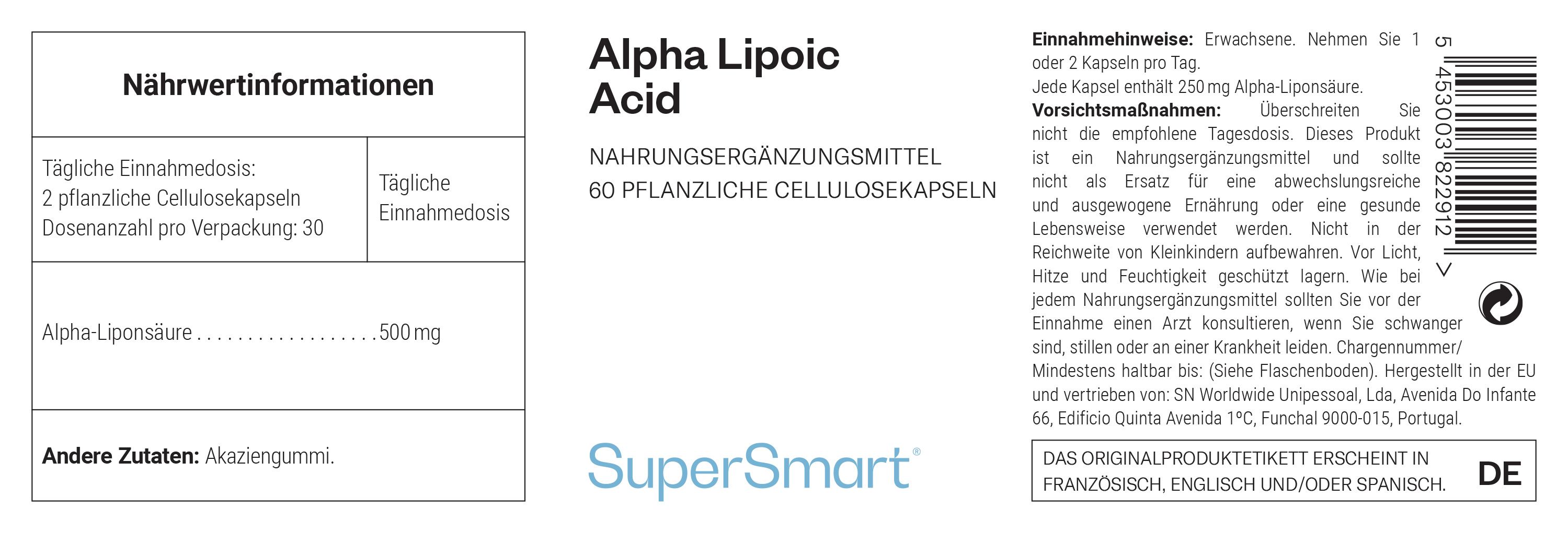 Etikett mit Produktinformationen. Enthält Angaben zu Inhaltsstoffen und Dosierung. Text in deutscher Sprache. 60 pflanzliche Cellulosekapseln.