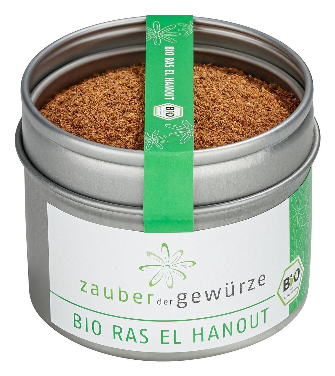 Runde Dose mit Gewürzmischung. Grün-weißes Etikett mit Schriftzug und Bio-Siegel. Deckel mit grünem Band.