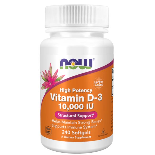 Now Foods Vitamin D-3 10000 IU Softgels, 240 Stück. Enthält "Structural Support" und "Helps Maintain Strong Bones".