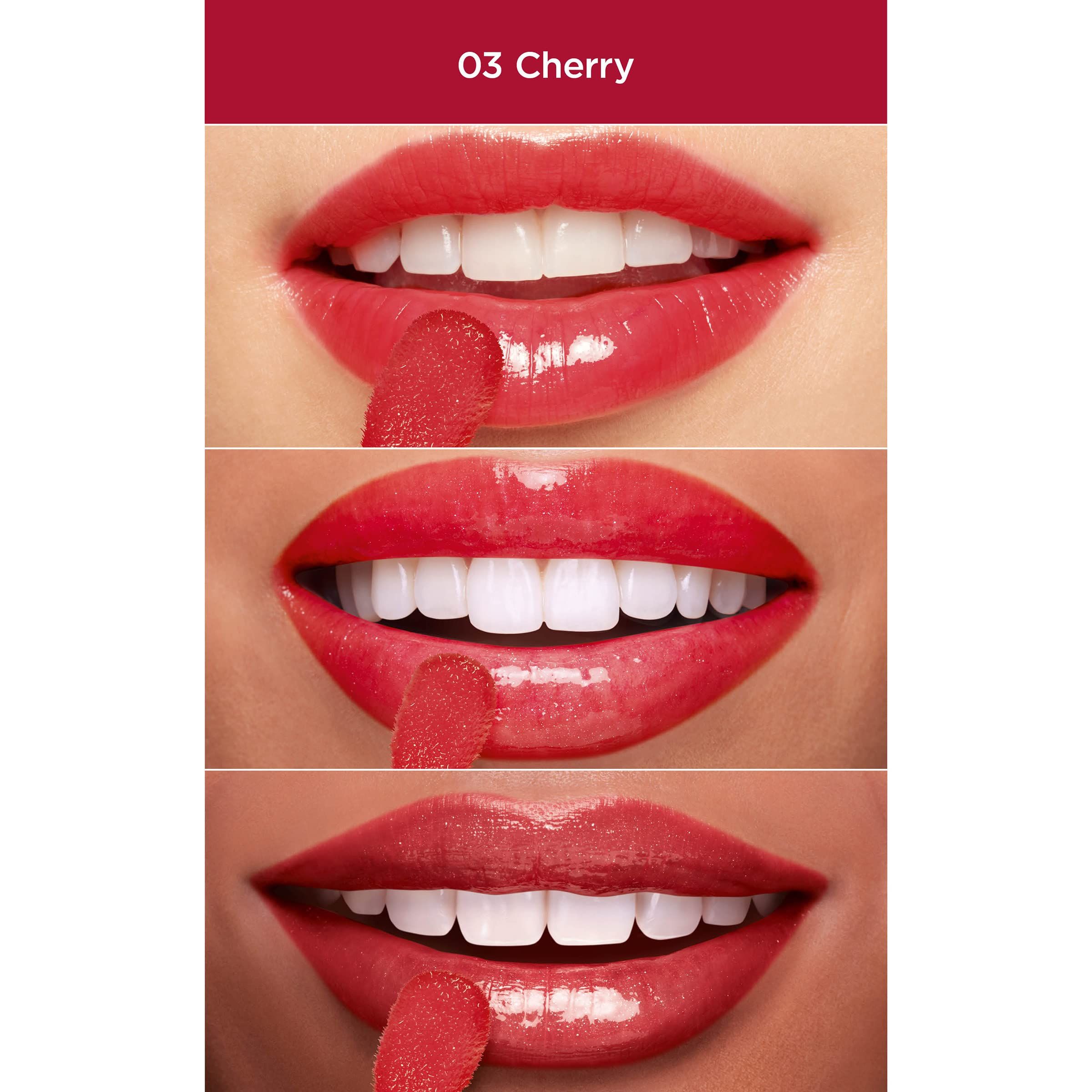 Drei Nahaufnahmen von Lippen. Lippenöl 03 Cherry. Glänzendes Finish. Rote Farbe.