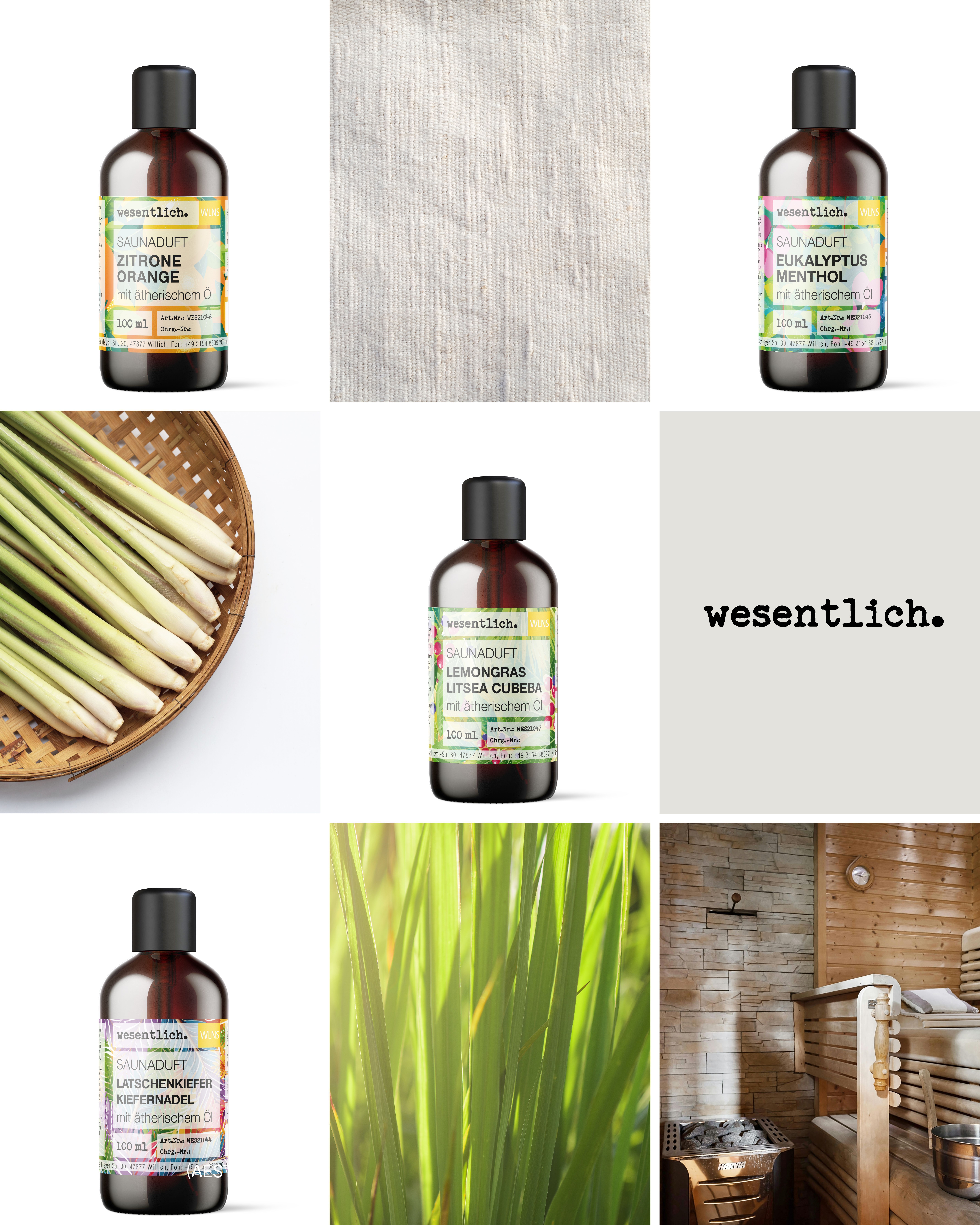 Collage von Bildern. Flaschen mit Produktnamen, Lemongras, Textil, Sauna-Szene, Logo.