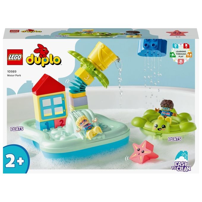 LEGO Duplo Wasserrutsche. Verpackung zeigt Spielzeug in Badewanne. Enthält Figuren, Rutsche, Haus, Eimer, Stern und Boot.