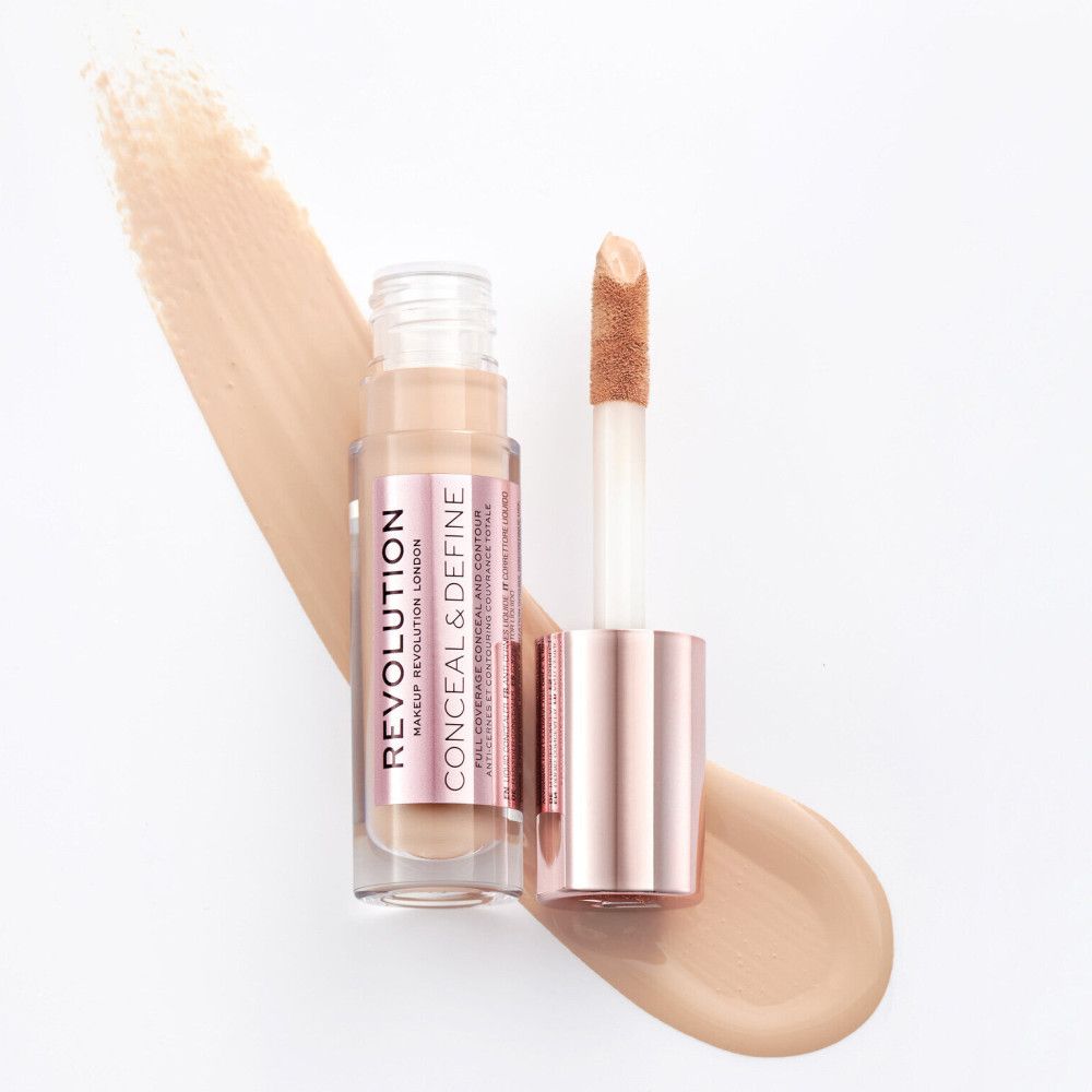 Concealer-Fläschchen mit Applikator und Abstrich. Aufschrift: CONCEAL & DEFINE. Farbton C5.