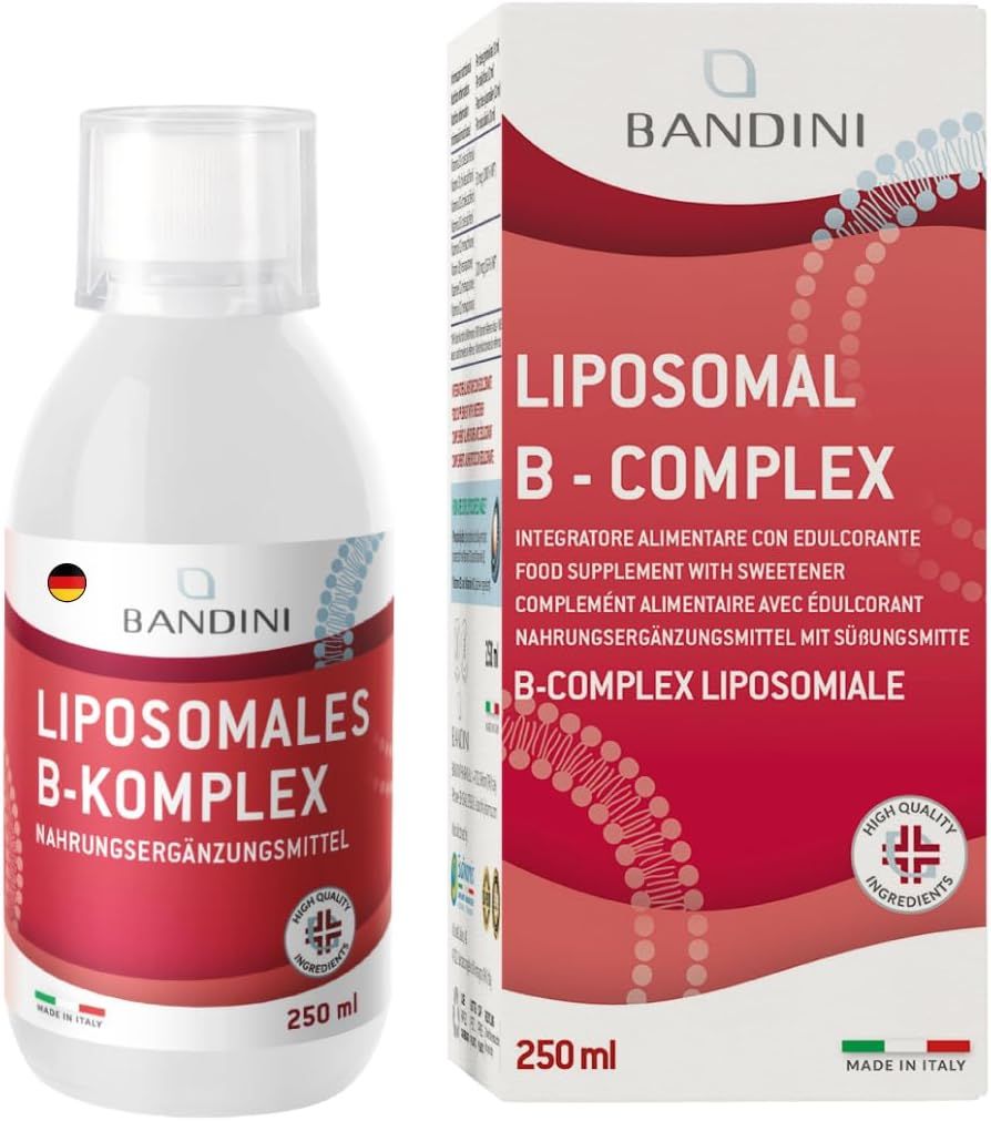 Bandini Liposomales B-Komplex in Flasche und Verpackung. Text: Nahrungsergänzungsmittel. 250 ml. Mit Süßungsmittel. Made in Italy.