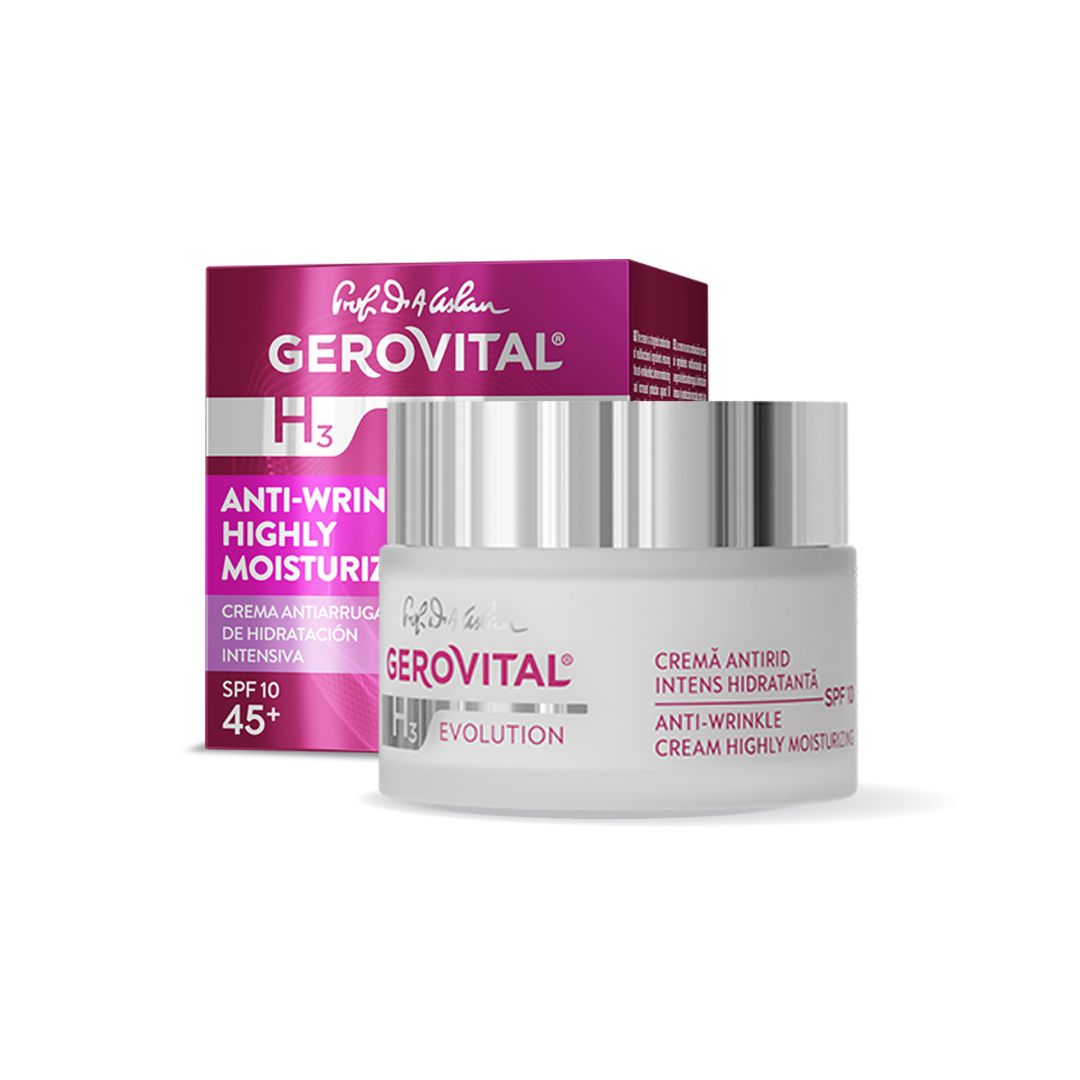 Creme-Dose und Verpackung. Aufschrift: Gerovital, Anti-Wrinkle, SPF 10, 45+. Violette Verpackung.