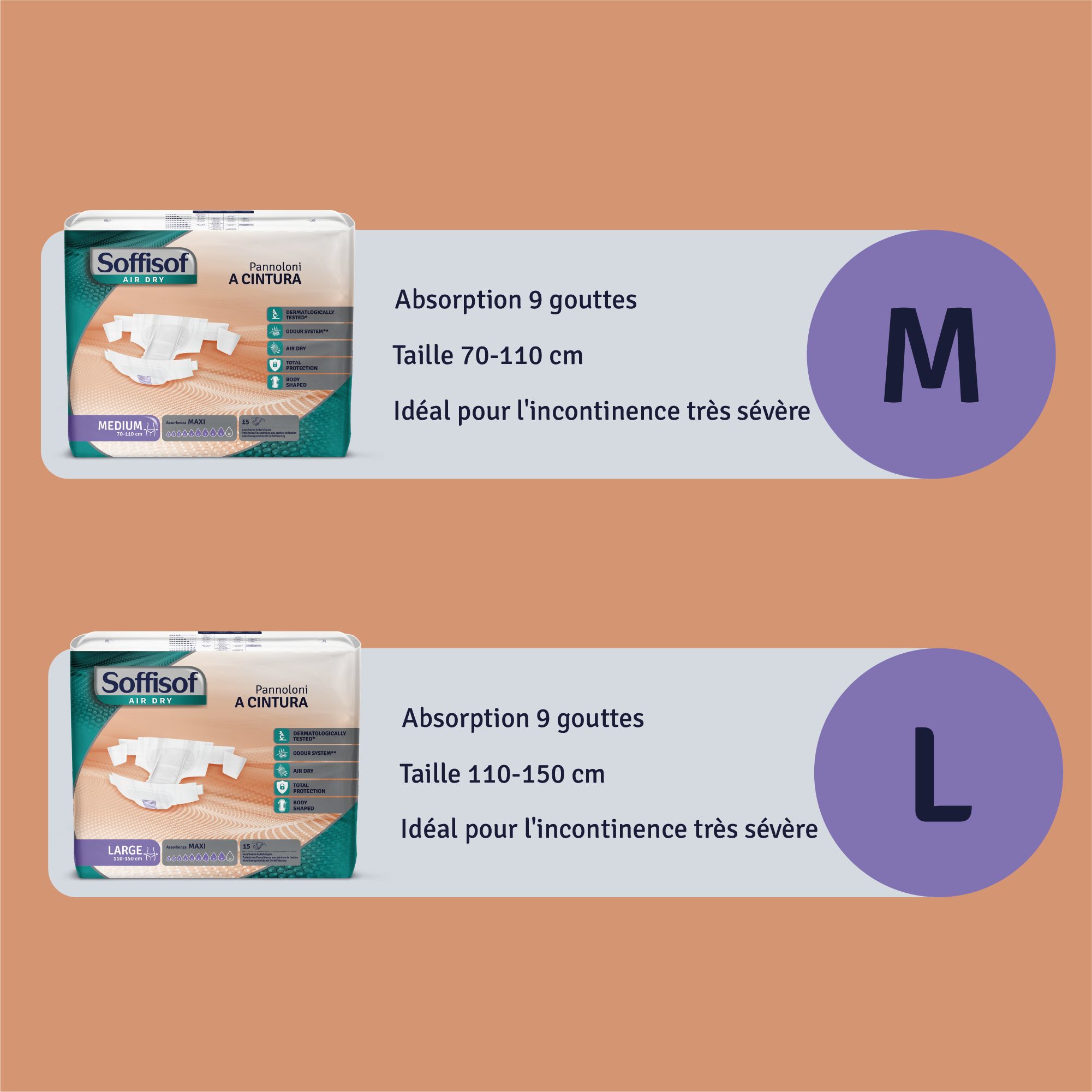 Deux tailles de protections contre l'incontinence. M : tour de hanches 70-110 cm. L : tour de hanches 110-150 cm. Absorption 9 gouttes.