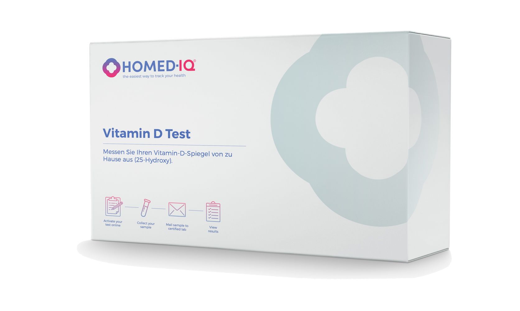 Homed-IQ Vitamin D Test-Box. Weiß mit Logo und Produktinformationen. Enthält Illustrationen und Text. Für die Messung des Vitamin D-Spiegels.