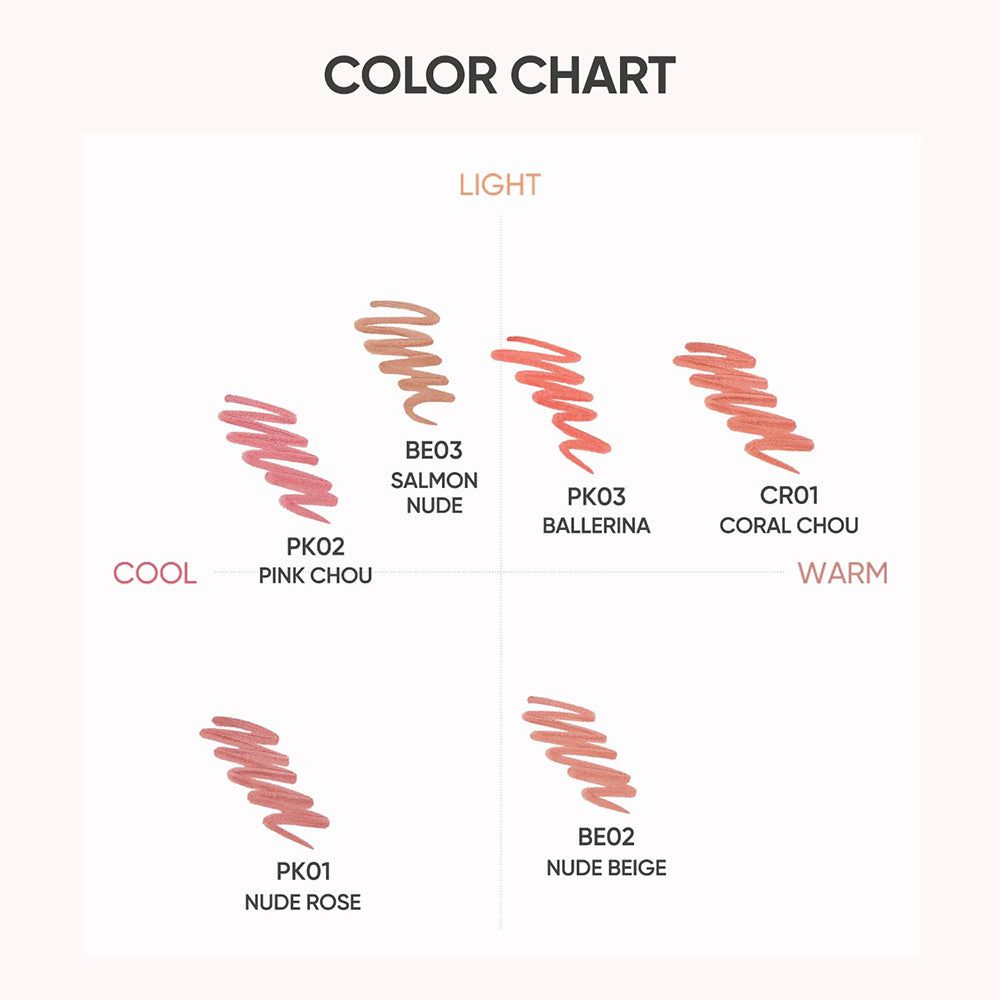 Farbkarte mit fünf Farbmustern: Pink Chou, Salmon Nude, Ballerina, Coral Chou und Nude Rose.