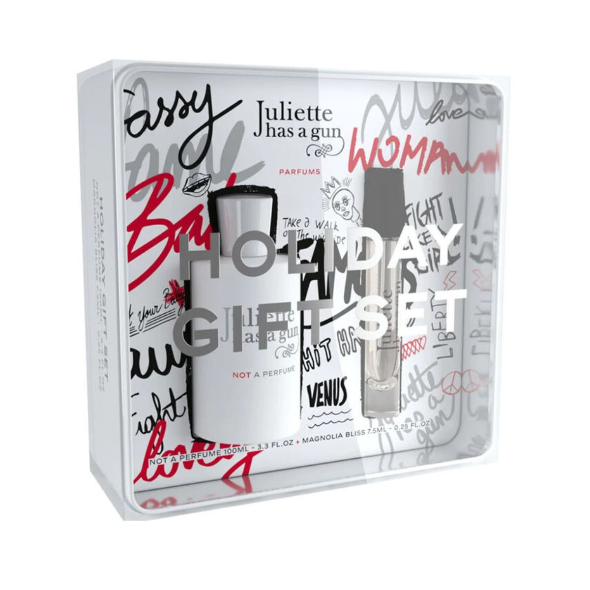 Geschenkset mit zwei Parfums. Weiße Verpackung mit Aufschrift "Juliette has a gun". Enthält eine große und eine kleine Flasche.