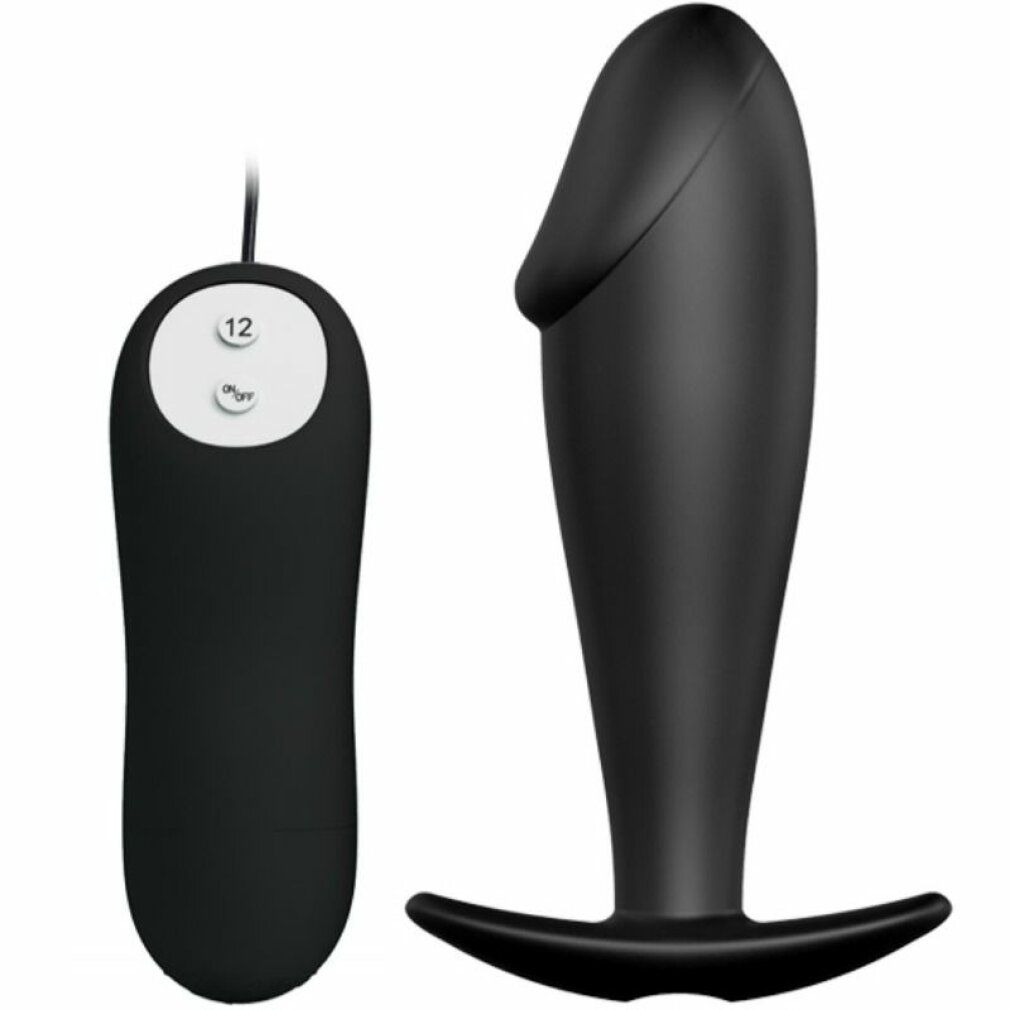 Schwarzer Anus-Plug mit Penis-Design und Fernbedienung. Die Fernbedienung hat eine Taste mit der Aufschrift "12" und eine Ein/Aus-Taste.