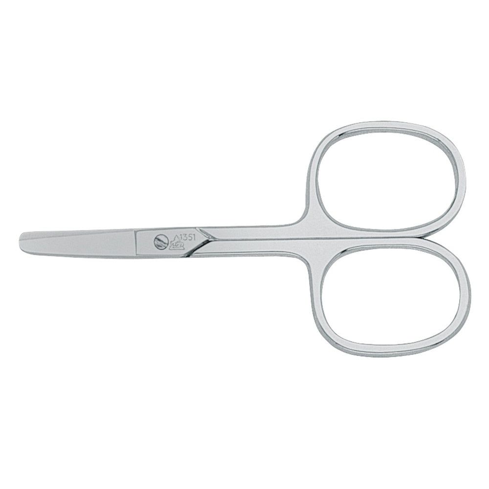 Vernickelte Babyschere mit stumpfer Spitze und glatten Klingen.