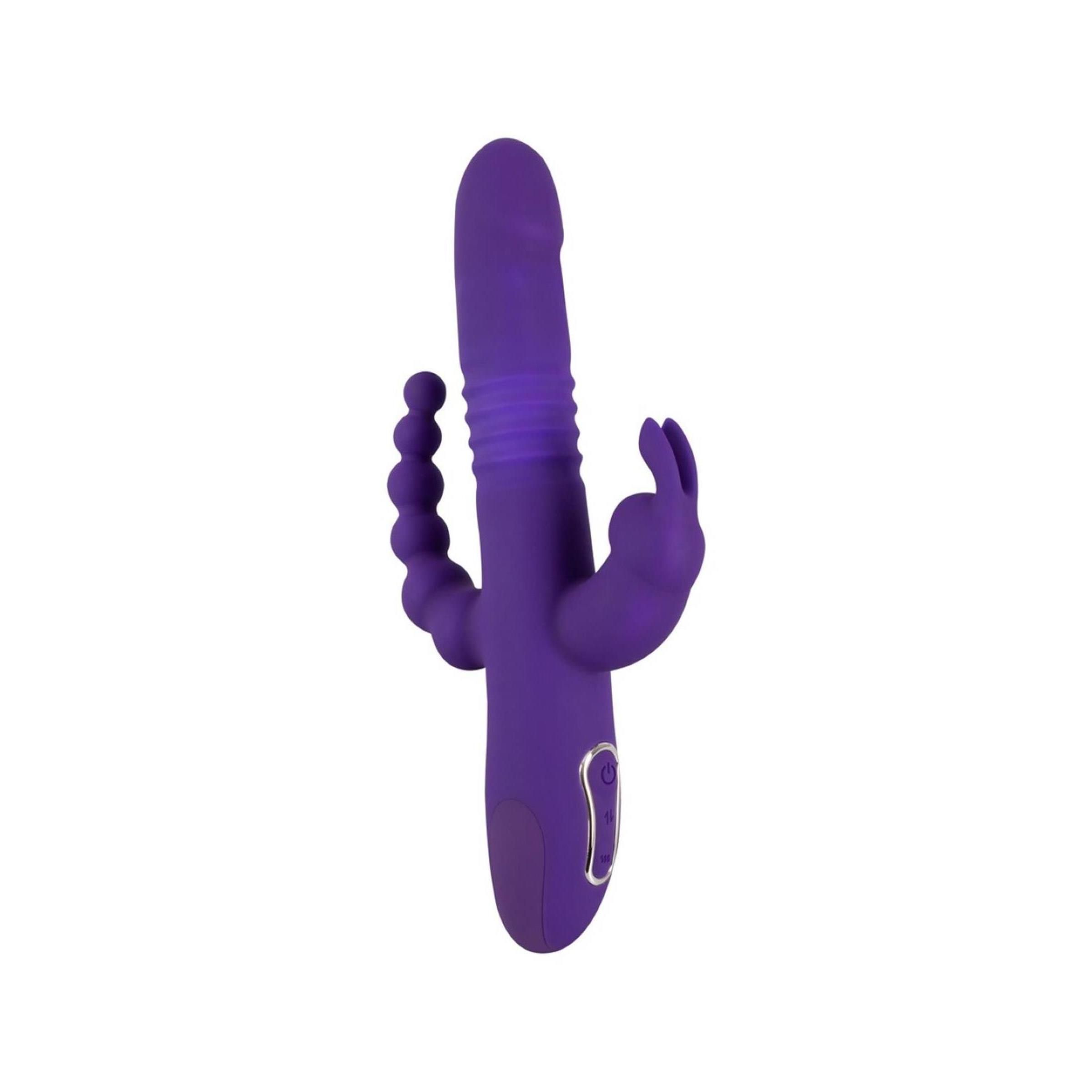 Lila Vibrator mit Kaninchenohren und Perlenreihe. Auf weißem Hintergrund.