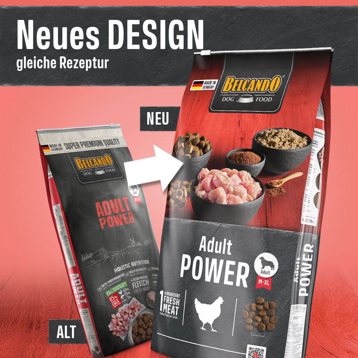 Vergleich von altem und neuem Design des Belcando Adult Power Hundefutters.