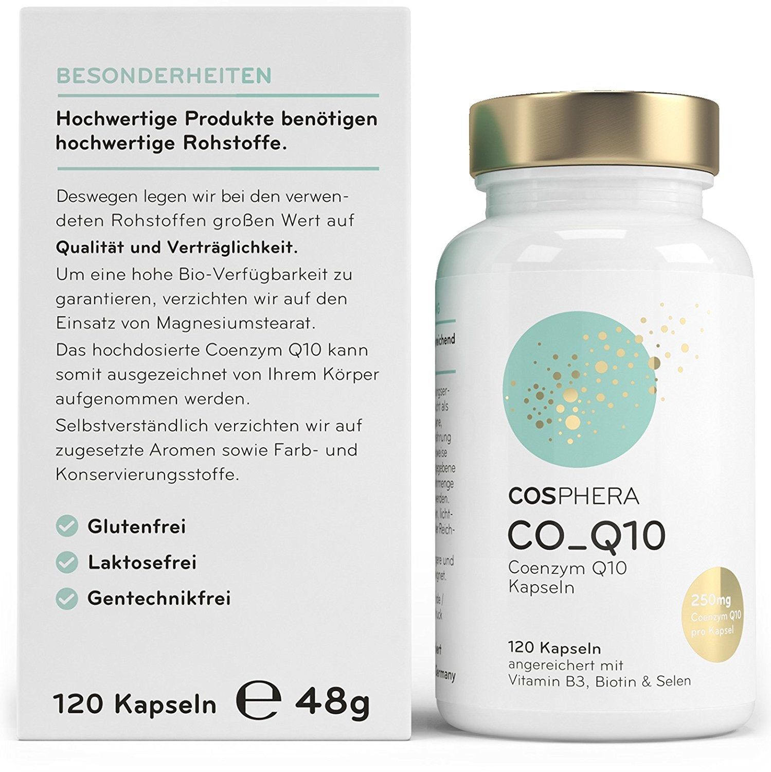 Cosphera Coenzym Q10 Kapseln: Flasche und Faltschachtel mit Produktinformationen und Inhaltsangaben.
