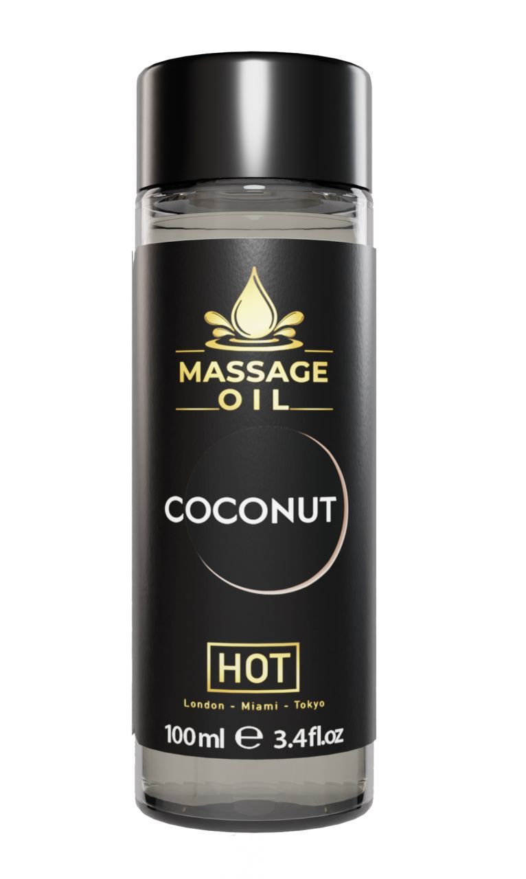 Zylindrische Flasche mit schwarzem Deckel. Aufschrift: Massageöl, Kokosnuss, HOT. Volumen: 100ml.