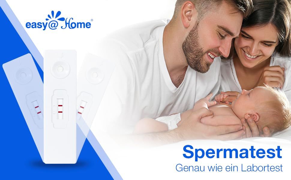 Paar mit Baby. Teststreifen mit zwei roten Linien. Text: "easy@Home" und "Spermatest".