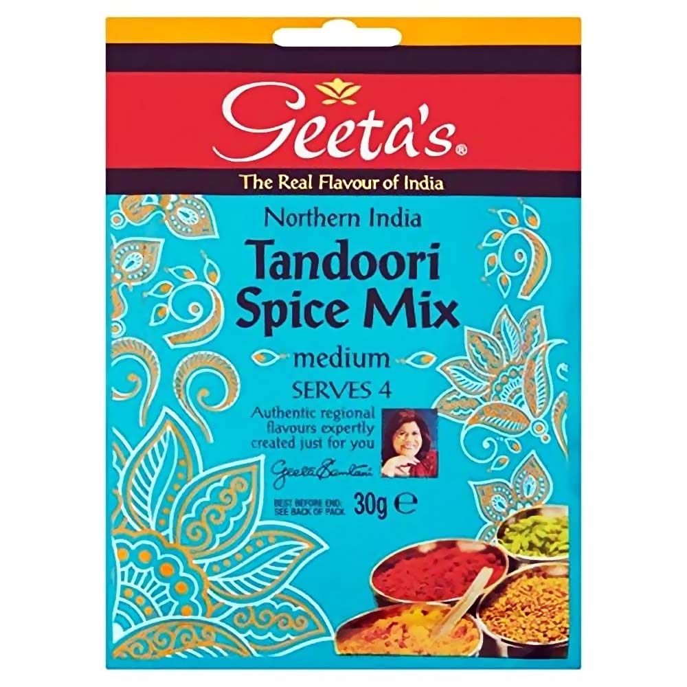 Geeta's Tandoori Spice Mix, Packung. Türkisblau, mit Schriftzug und Abbildungen von Speisen. Enthält 30g.