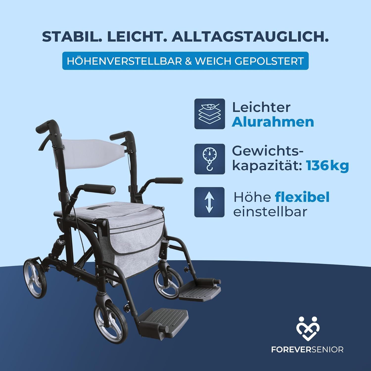 Rollator mit Sitz, Rückenlehne, Fußstützen und Tasche. Leichter Alurahmen. Gewichtskapazität 136kg. Text.