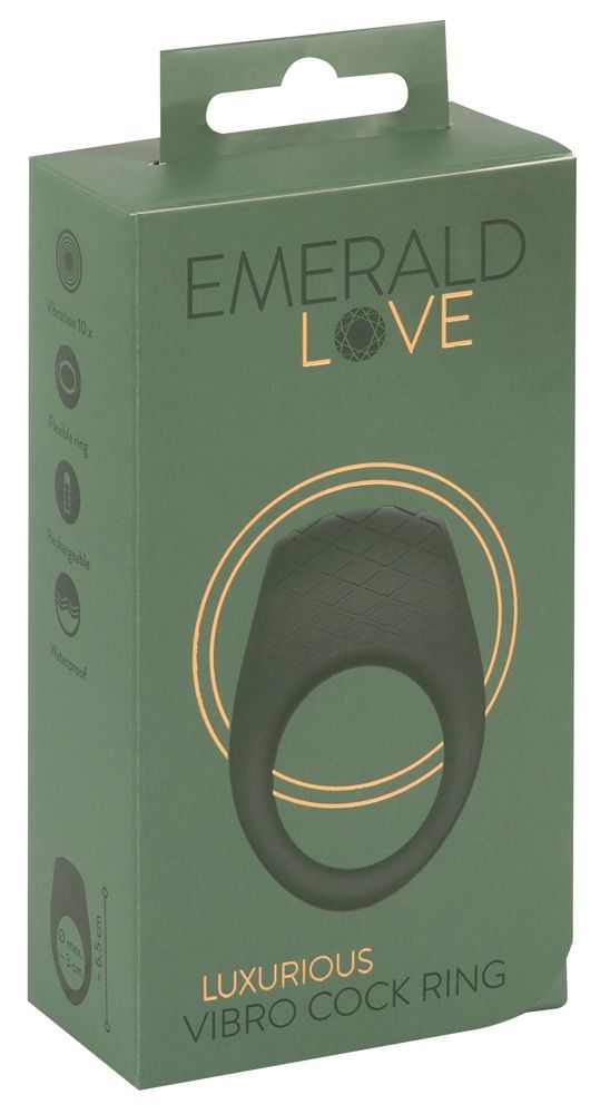 Produktverpackung von Emerald Love. Auf der Verpackung ist ein dunkelgrüner Penisring abgebildet. Text: Luxurious Vibro Cock Ring.