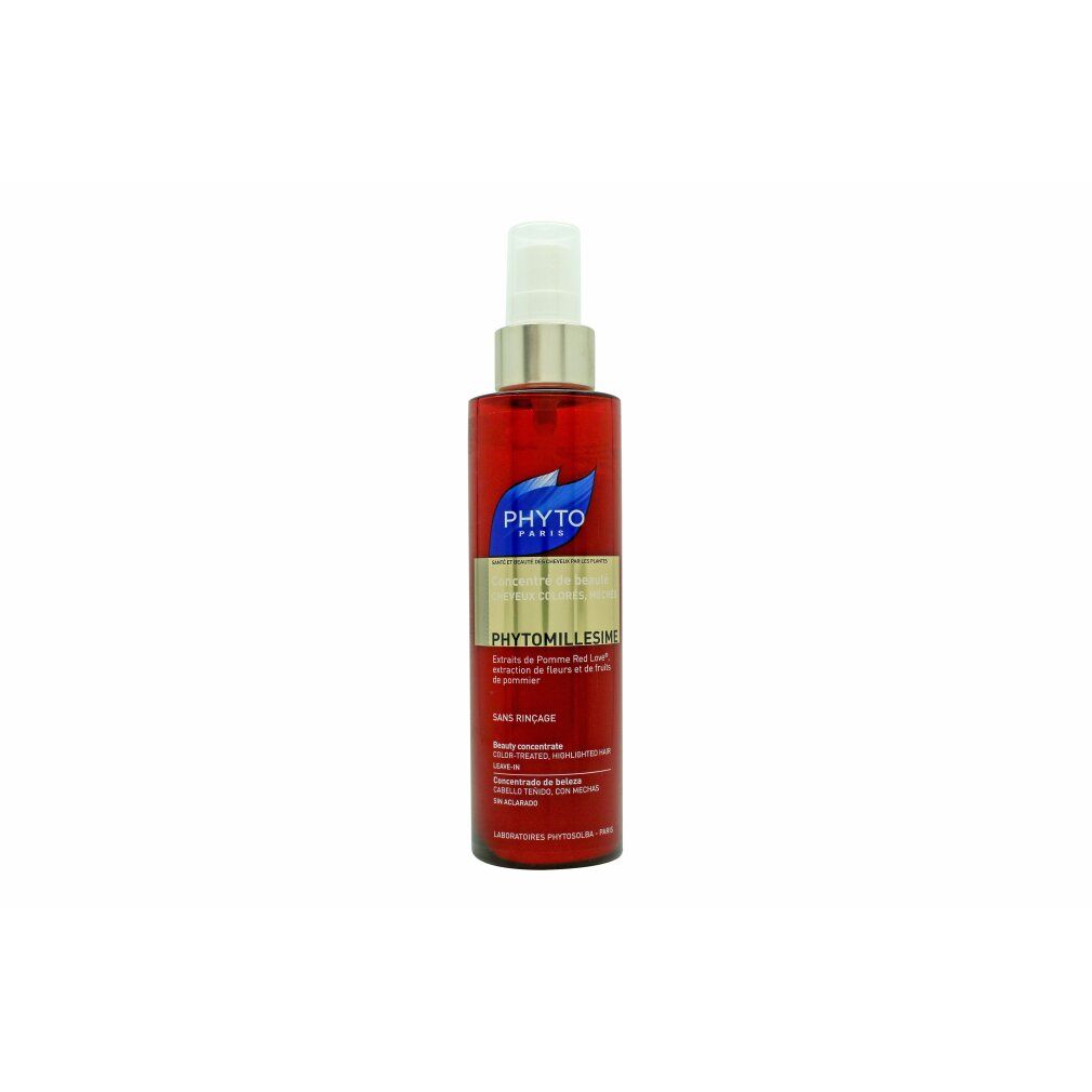 Rote Flasche mit Sprühkopf. Aufschrift: PHYTOMILLESIME. Produkt für coloriertes Haar. Logo: blaues Blatt.