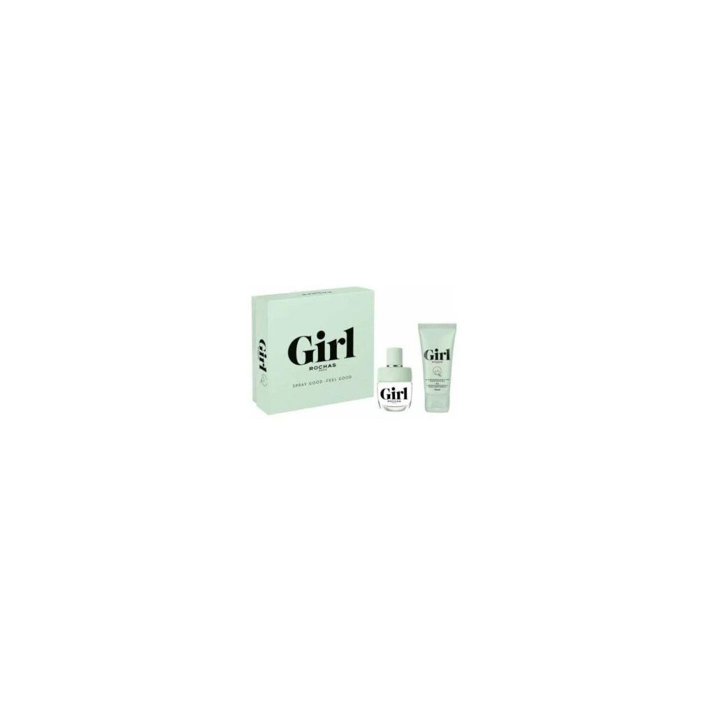 Geschenkset mit hellgrüner Box, Flakon und Tube. "Girl Rochas" auf der Box. Flakon und Tube tragen "Girl".