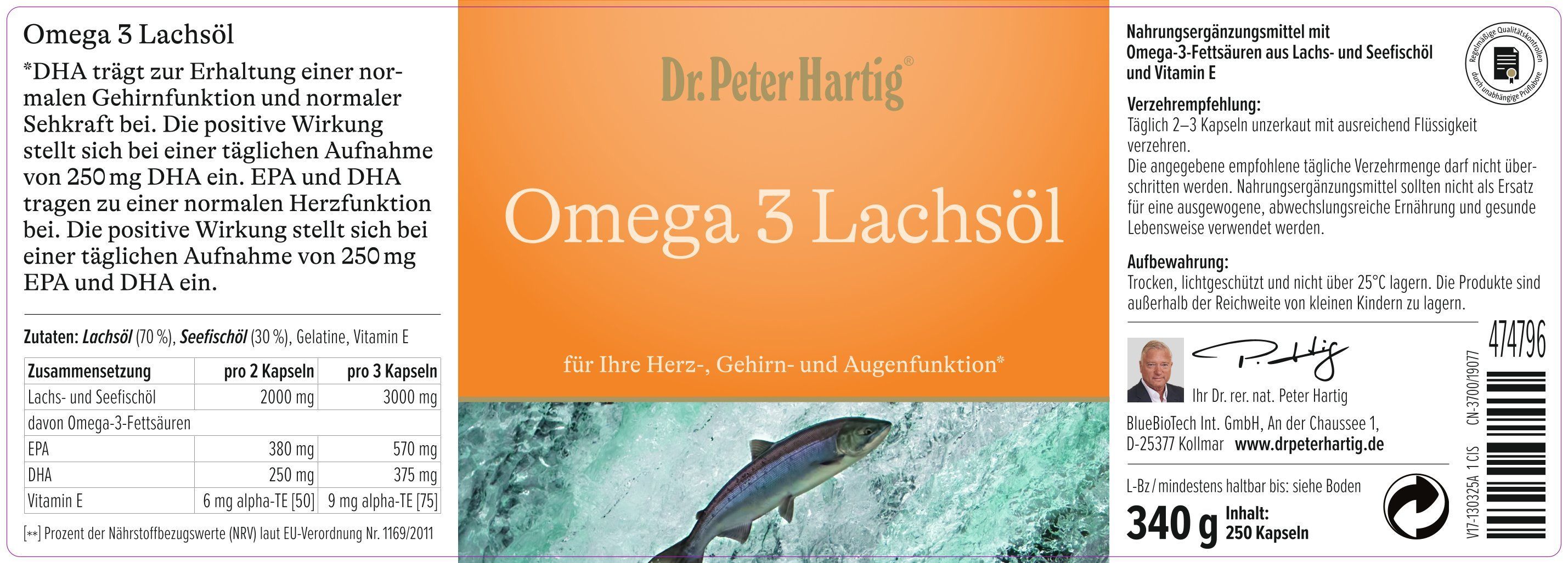 Etikett mit Text: "Omega 3 Lachsöl" und "Dr. Peter Hartig". Fisch-Illustration. Nährwertangaben und Verzehrempfehlung.