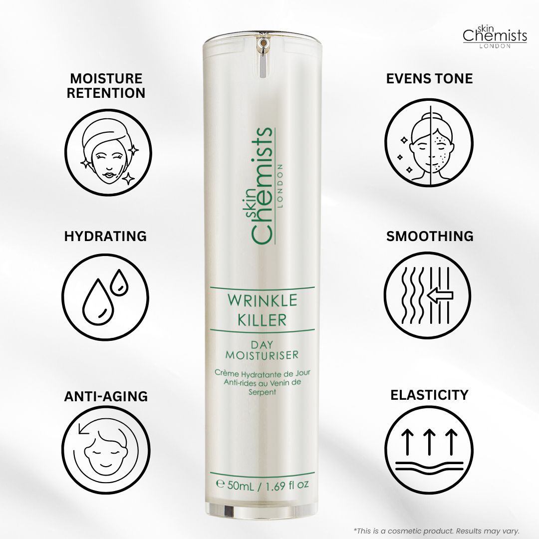 Produktflasche mit Icons. Aufschrift: Wrinkle Killer Day Moisturiser. Marke: skinChemists London. Icons: Feuchtigkeit, Anti-Aging.