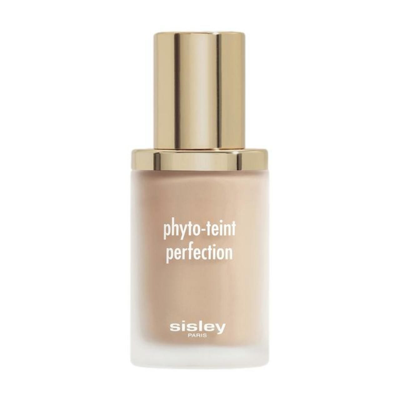 Foundation-Flakon mit goldfarbenem Deckel. Aufschrift: phyto-teint perfection, sisley PARIS. Beige Flüssigkeit sichtbar.