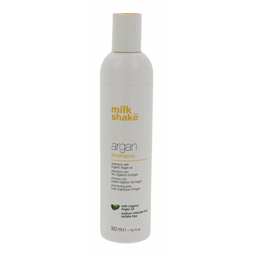 Weißes Shampoo-Fläschchen mit weißem Deckel. Aufschrift: milk_shake, argan shampoo. Mit Bio-Arganöl.