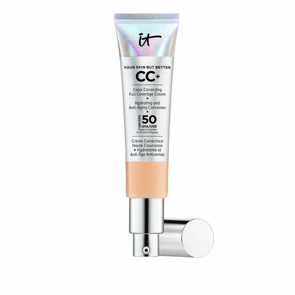 Tube mit CC+ Creme, SPF 50. Farbkorrigierend, deckend, hydratisierend, Anti-Aging. Neutro Medio Farbton. Silberne Kappe und Pumpkopf.