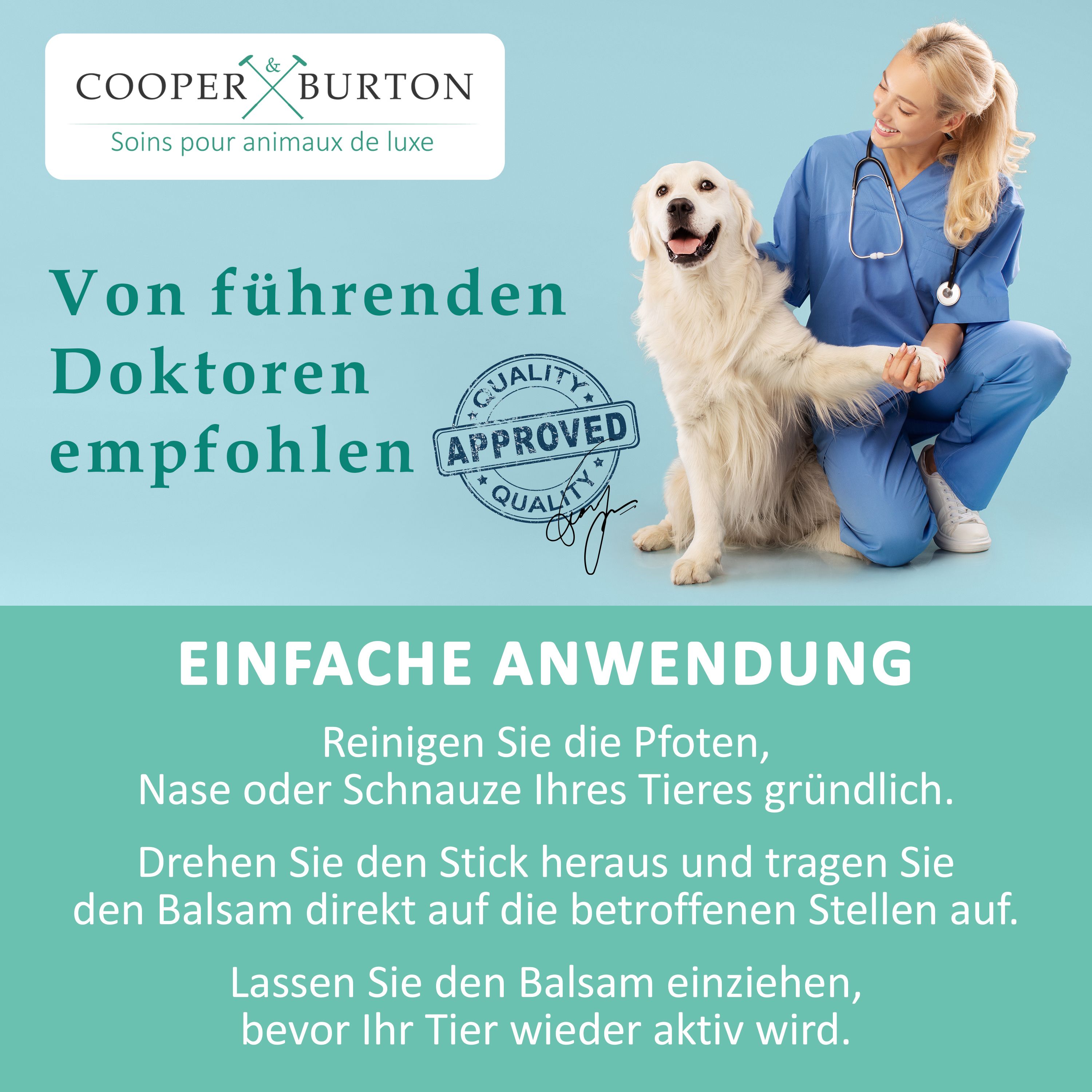 Blonde Frau mit Hund. Text: Von führenden Doktoren empfohlen. Einfache Anwendung. Reinigen Sie die Pfoten, Nase oder Schnauze Ihres Tieres gründlich.