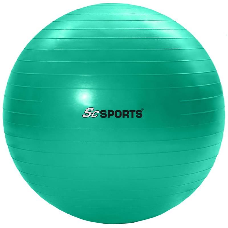 Grüner Gymnastikball mit Logo. Aufschrift ScSPORTS. Geriffelte Oberfläche. Rund.