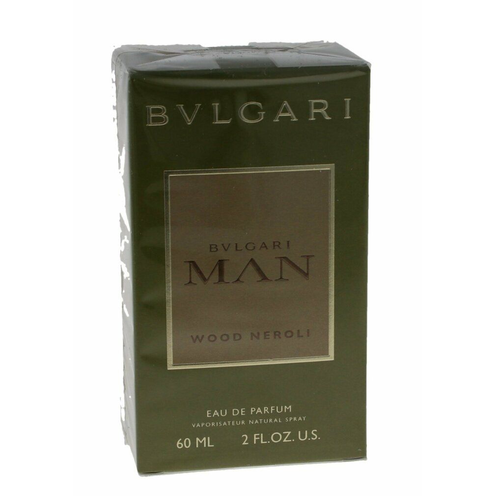 Grüne Verpackung mit "BVLGARI MAN WOOD NEROLI".  60 ml, 2 FL.OZ. U.S. Eau de Parfum.