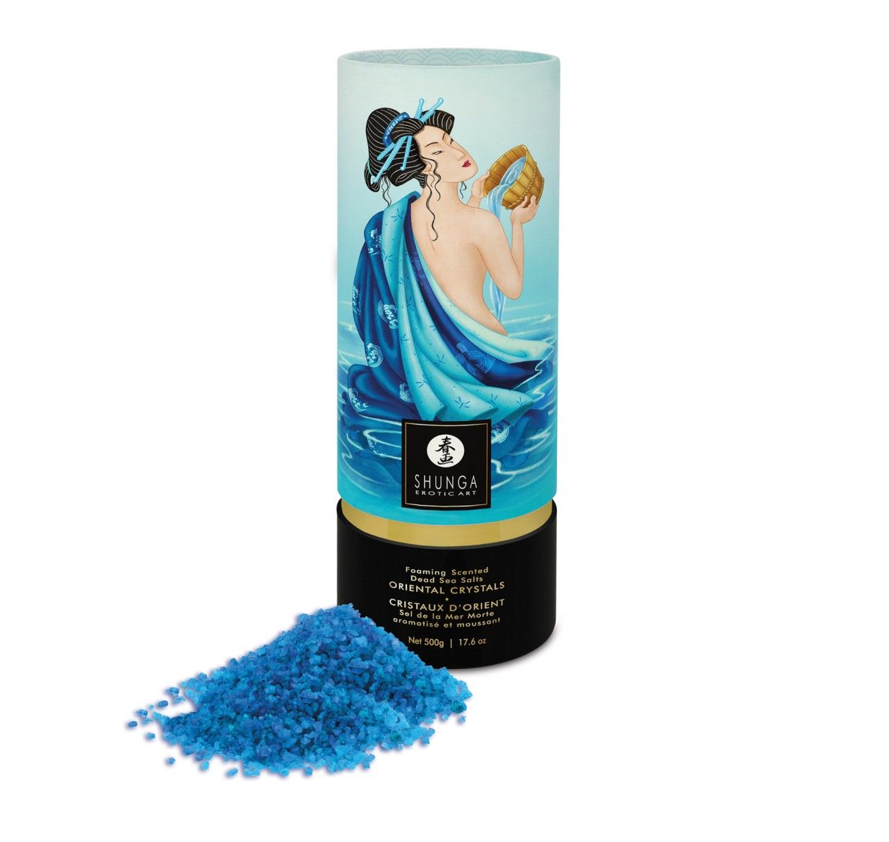 Zylindrische Verpackung mit Badesalz. Marke Shunga. Text: Oriental Crystals. Abbildung: Frau im Wasser.