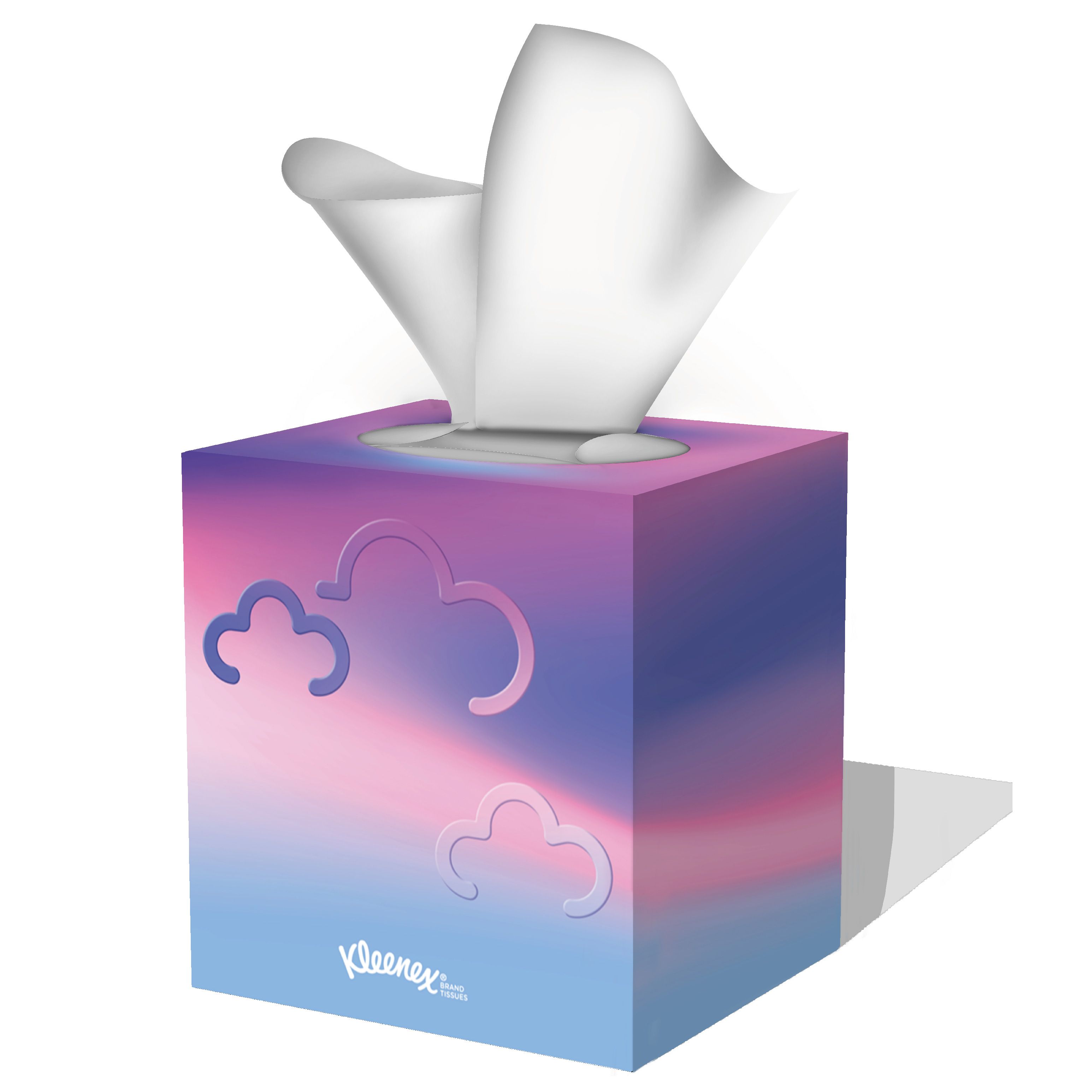 Kleenex Box mit Taschentüchern. Wolkenmotiv. Taschentücher ragen heraus. Kleenex-Logo. Quadratische Form.