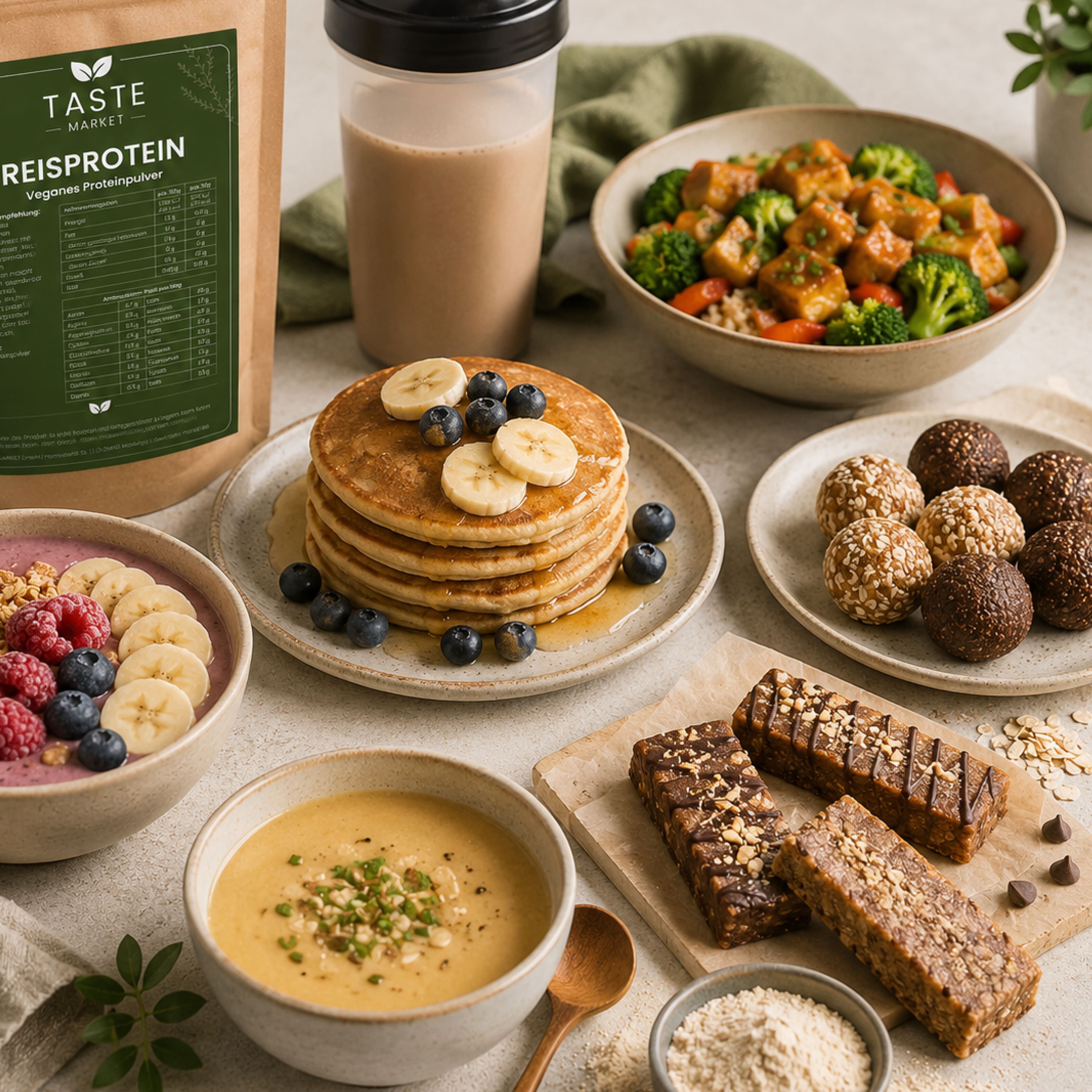 Vielfältige Mahlzeiten und Snacks zubereitet mit Taste Market Reisprotein.