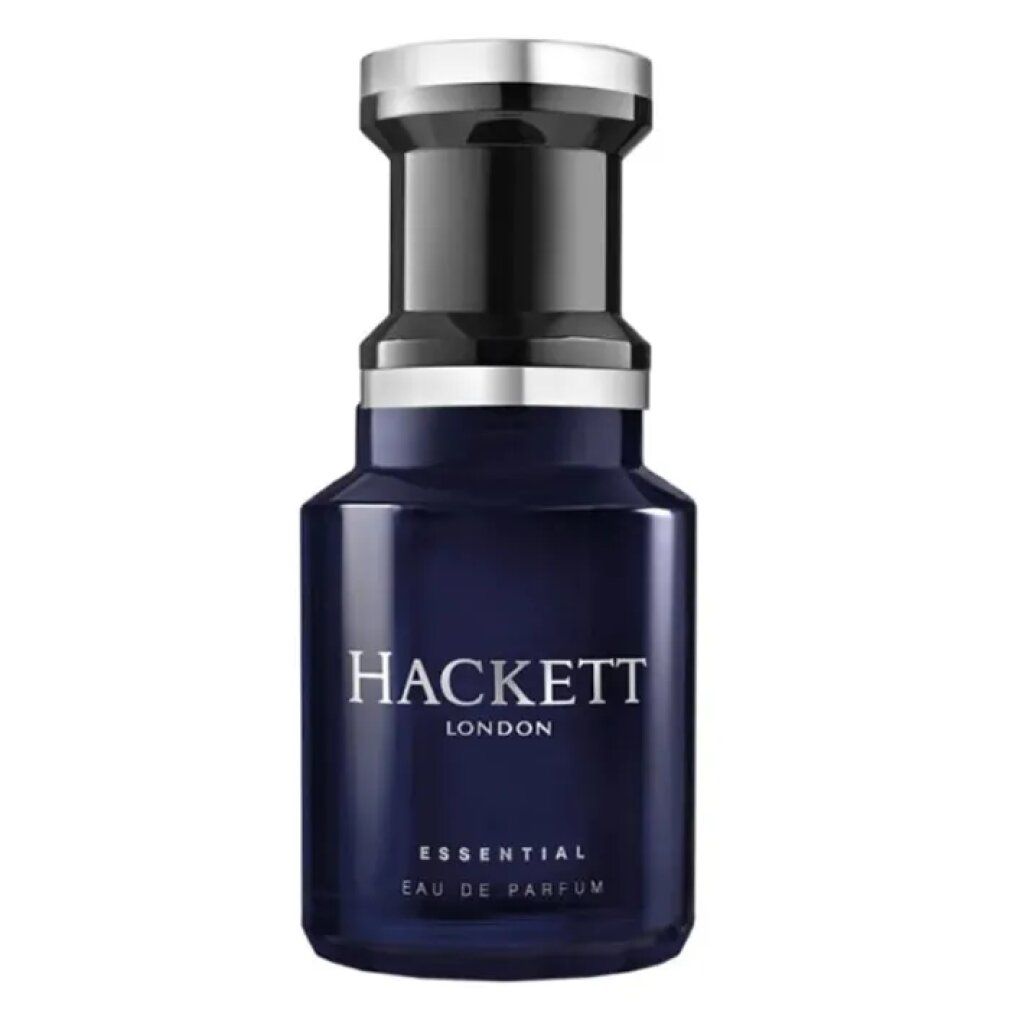 Dunkelblaue Flasche mit silbernem Deckel. Aufschrift: HACKETT LONDON, ESSENTIAL, Eau de Parfum.