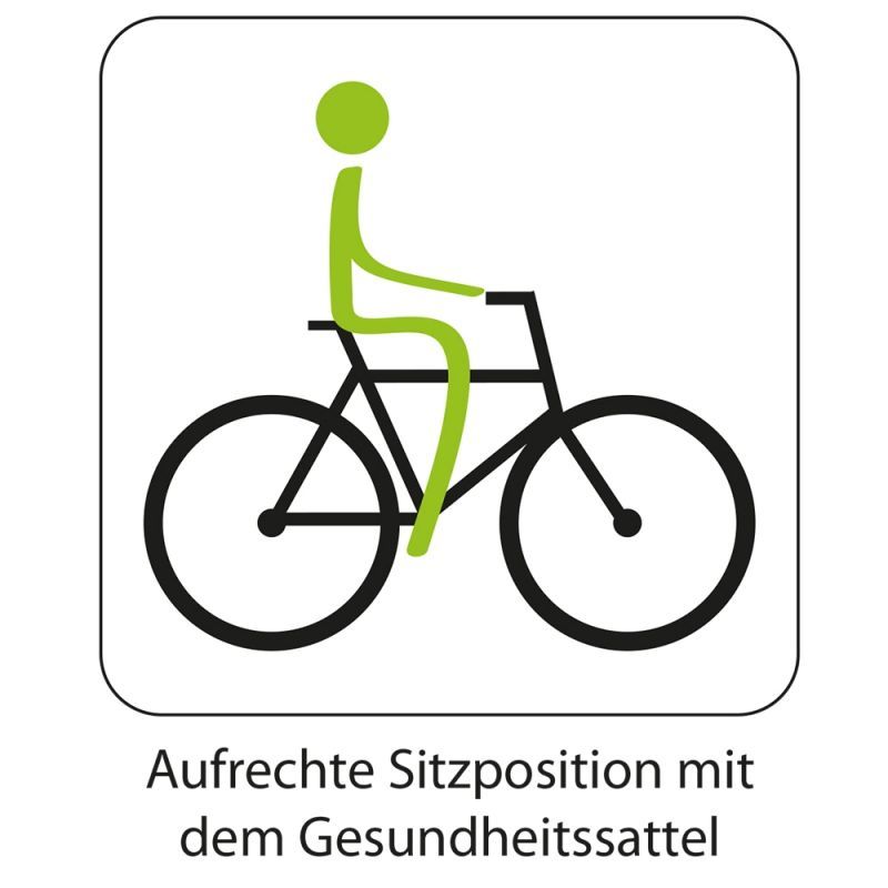 Grafik: Person auf Fahrrad mit aufrechter Sitzposition. Text: Aufrechte Sitzposition mit dem Gesundheitssattel.