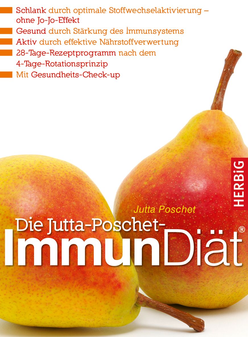 Buchcover mit Birnen. Titel: Die Jutta-Poschet-Immun Diät. Autor: Jutta Poschet. Verlag: Herbig. Aufschrift: Gesund durch Stärkung des Immunsystems.