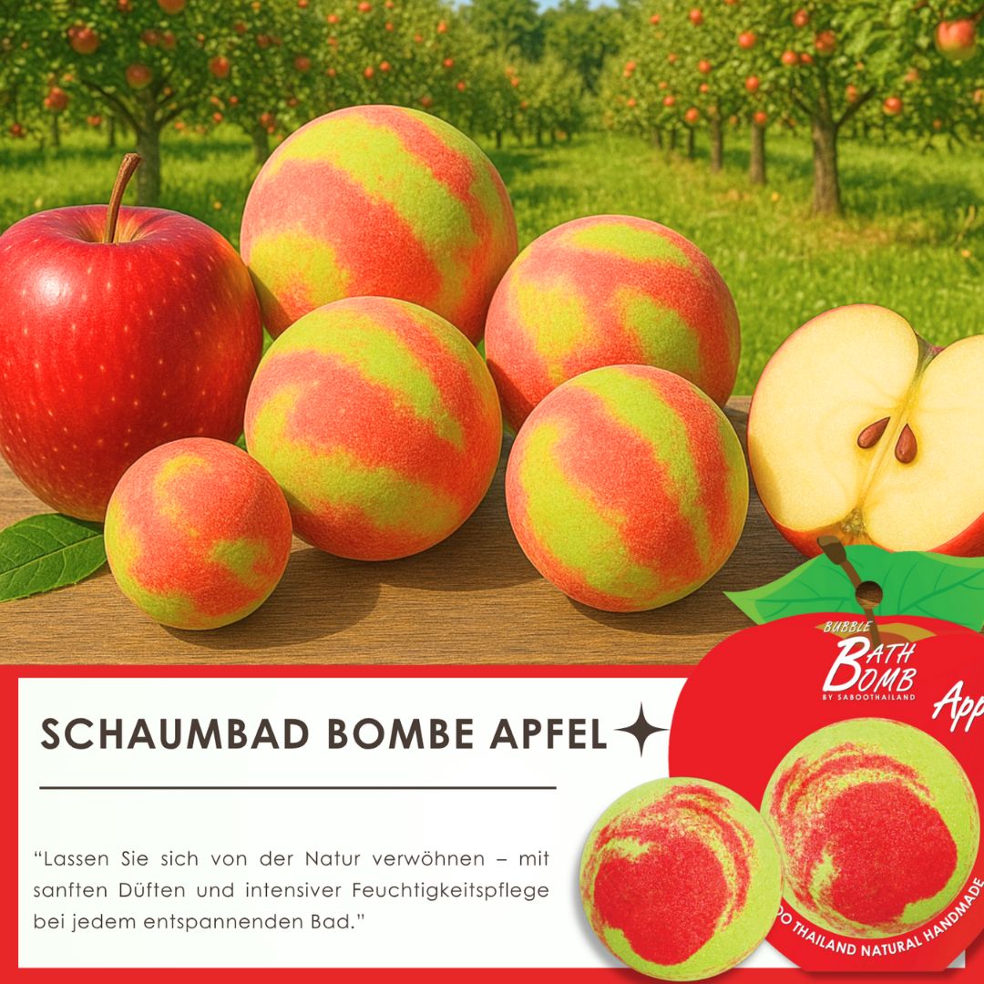 Mehrere Bad Bomben und Äpfel. Text: SCHAUMBAD BOMBE APFEL. Text: Lassen Sie sich von der Natur verwöhnen.