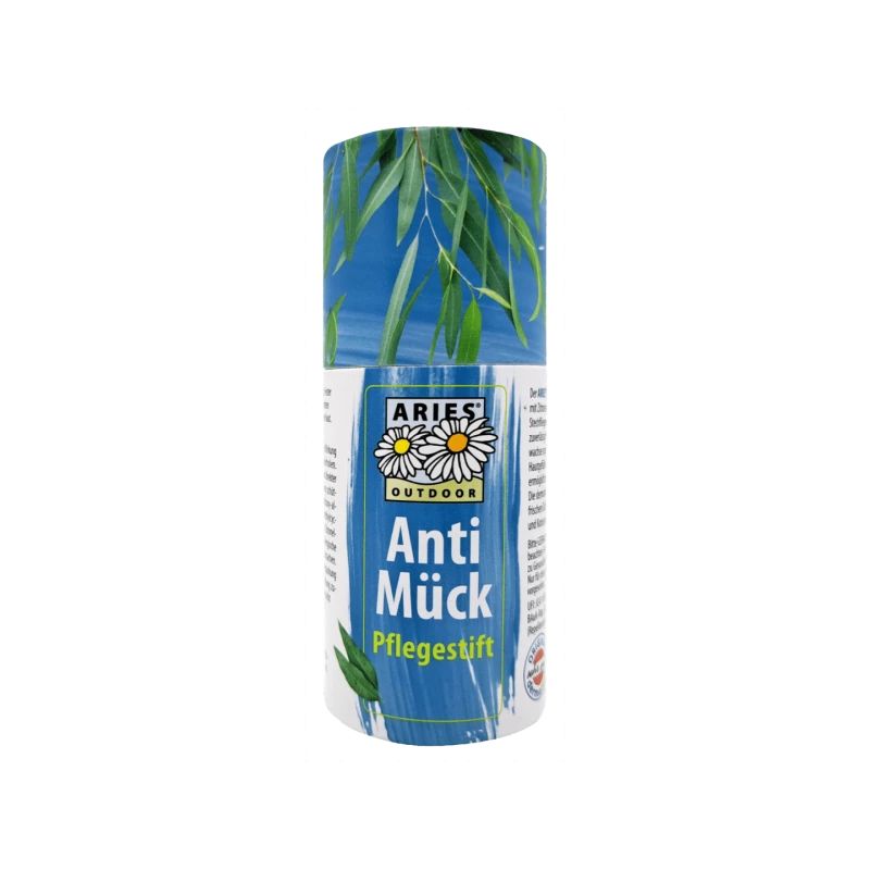 Zylindrischer Pflegestift mit blauem Hintergrund und grünen Blättern. Aufschrift: ARIES Outdoor Anti Mück Pflegestift.