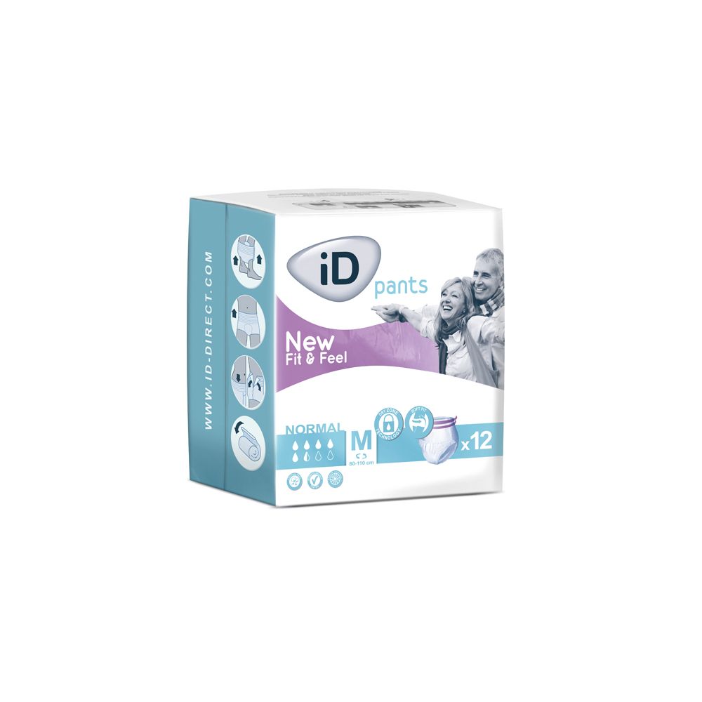 Verpackung von ID Pants. Aufdruck: iD pants, New Fit & Feel, Normal, Größe M, x12. Abbildung von Personen.