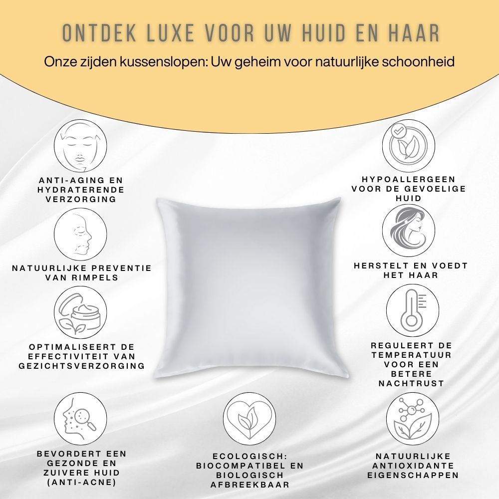 Voordelen voor huid en haar. Kussensloop, iconen: anti-aging, gezonde huid, etc.