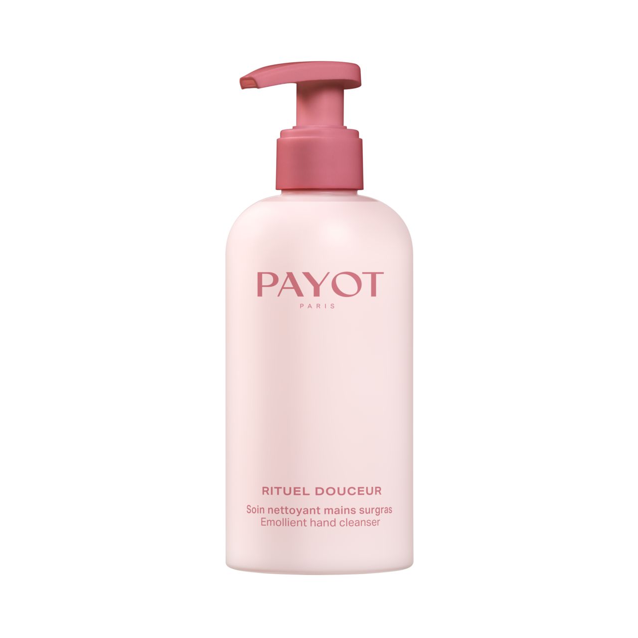 Rosa Flasche mit Dosierpumpe. Aufschrift PAYOT PARIS, darunter RITUEL DOUCEUR, Soin nettoyant mains surgras, Emollient hand cleanser.